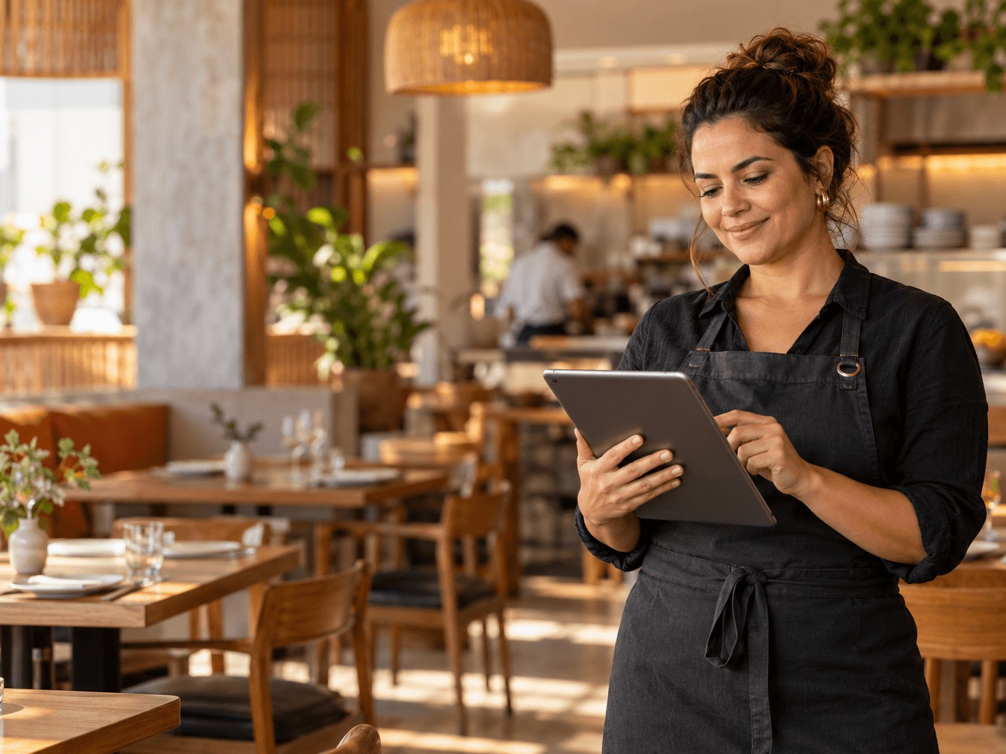 Empresária avaliando uma parceria em seu restaurante